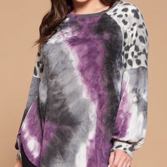 Emerald Fashion Tops - Purple and Grey Tie Dye and Animal Print Top